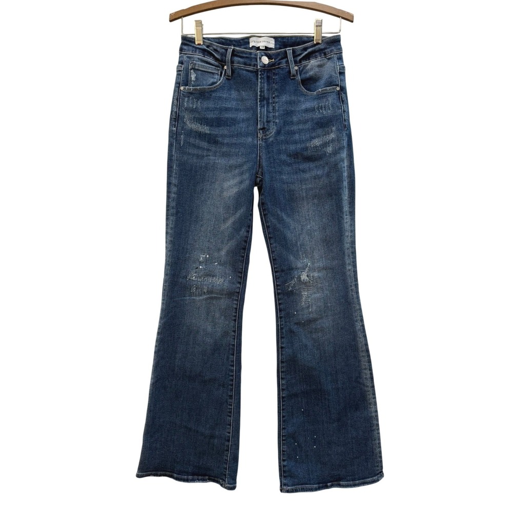 Risen Jeans High Rise Distressed Flare Medium Wash‎ Denim Paint Splatter Sz 7/28